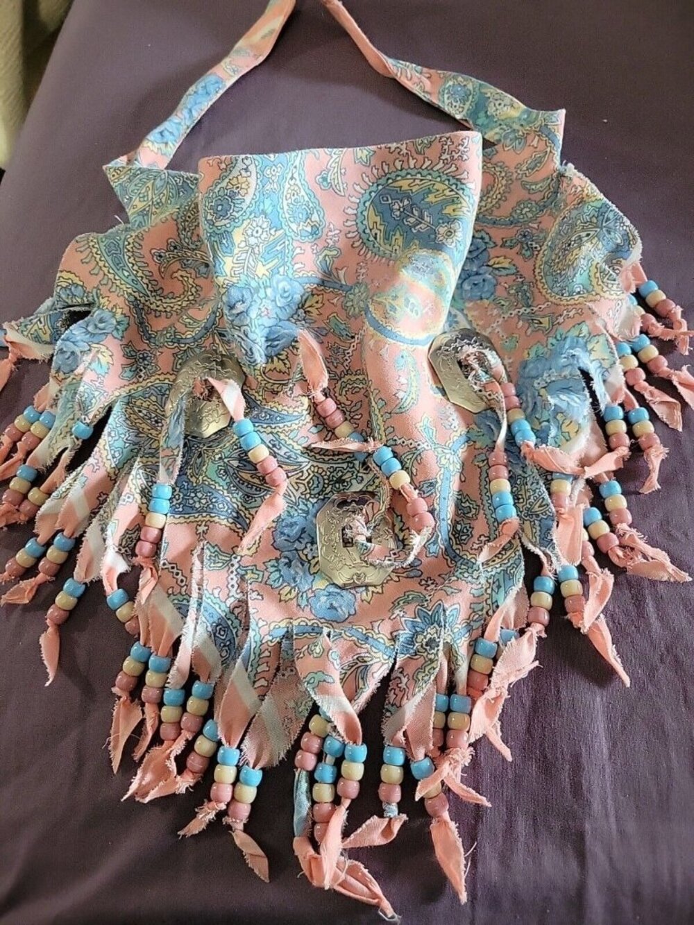 80s beaded bandana scarf retro novelty tie off blue peach paisley silver conch